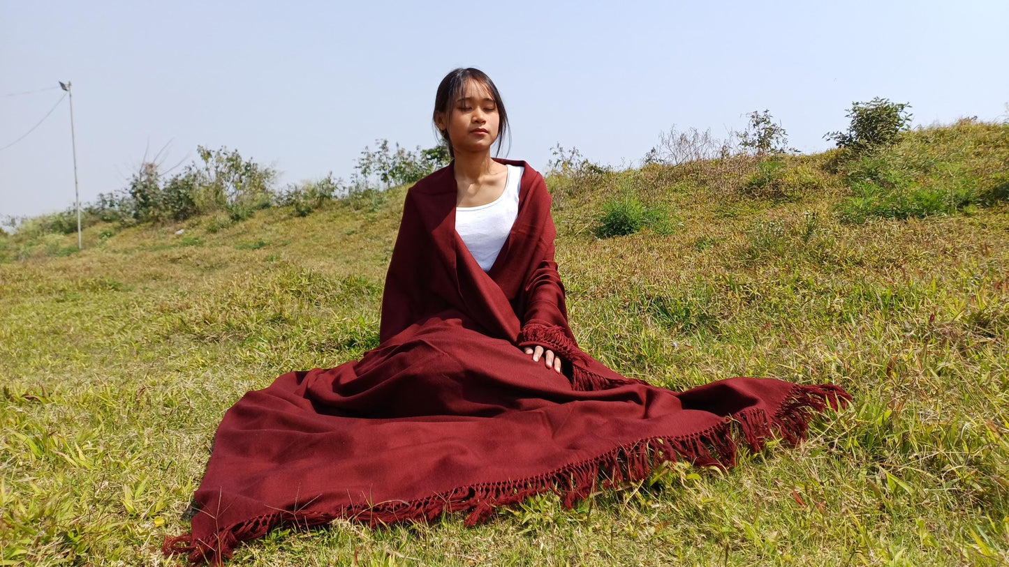 TARA Handwoven Burgundy Pure Himalayan Sheep Wool Buddhist Monk Meditation Shawl,Lama Monk TibetanPrayer  Blanket,Himalayan Wool Indian Wrap