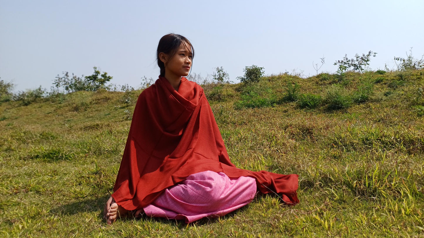 DEVI Handwoven Red Pure Himalaya Sheep Wool Buddhist Monk Meditation Shawl,Indian Prayer Scarf,Himalayan Wool YogaWrap,Buddhist Shawl/Zen