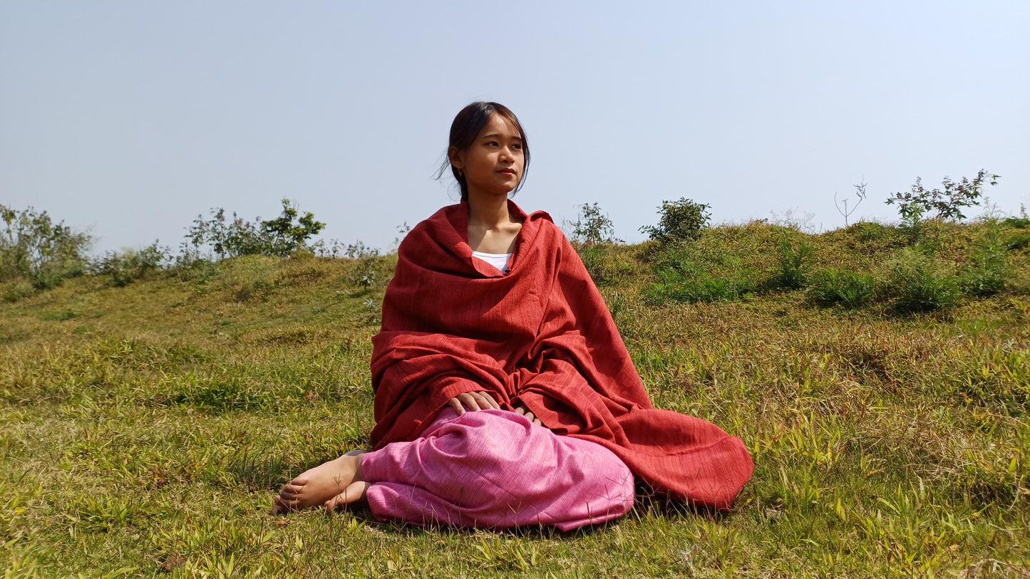 RED TARA Large Traditional Handwoven Copper Tibetan Buddhist Raw Eri Silk Meditation Shawl,Tantric Meditation Wrap,Buddhist Prayer Silk Zen