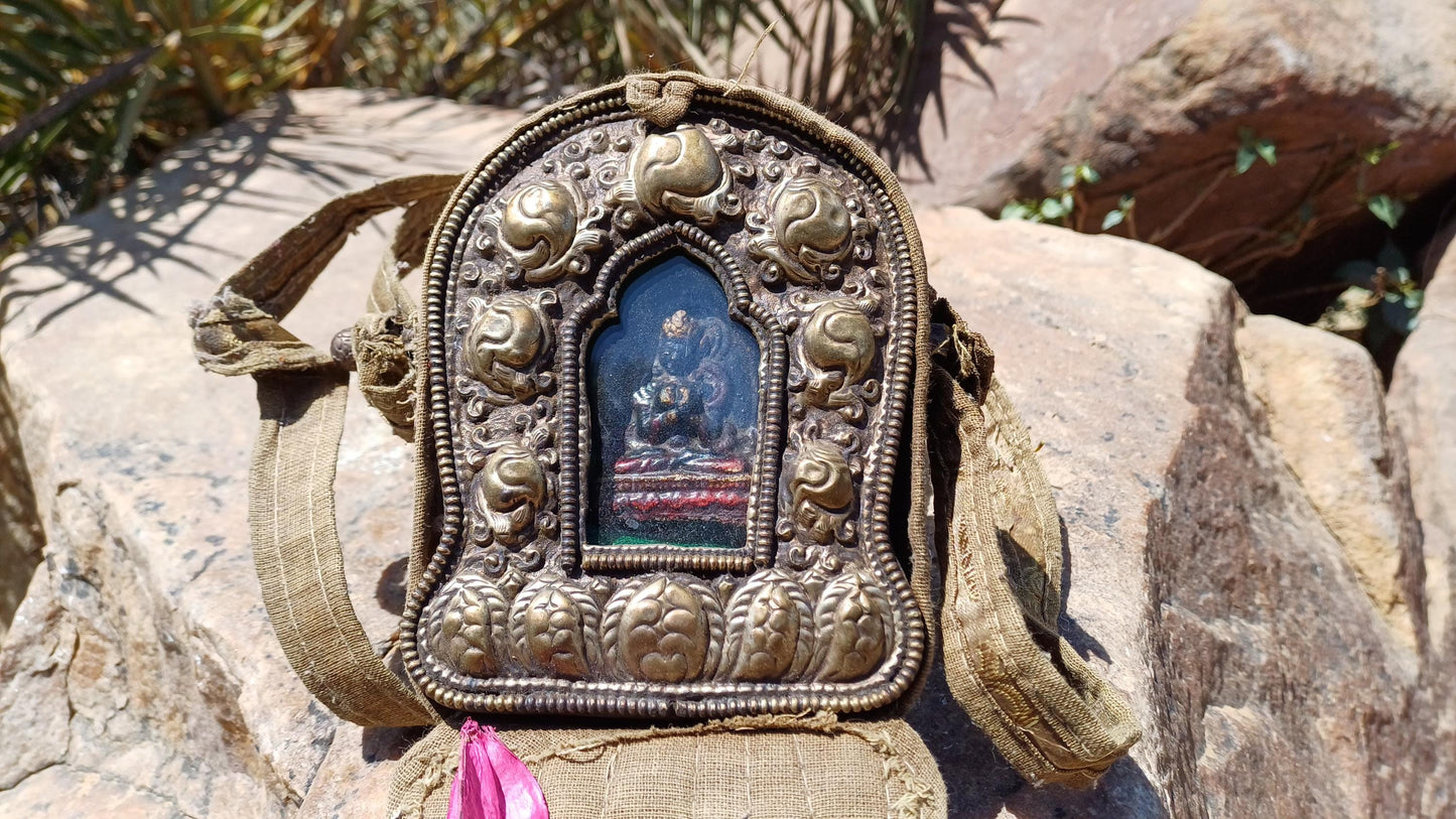 Antique AMITABHA BUDH Tibetan Ghau Shrine,Pocket Tibetan Buddhist Altar,VintagePortable Travel Tibetan Repousse,CopperSilver Ghau Prayer Box