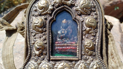 Antique AMITABHA BUDH Tibetan Ghau Shrine,Pocket Tibetan Buddhist Altar,VintagePortable Travel Tibetan Repousse,CopperSilver Ghau Prayer Box