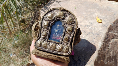Antique AMITABHA BUDH Tibetan Ghau Shrine,Pocket Tibetan Buddhist Altar,VintagePortable Travel Tibetan Repousse,CopperSilver Ghau Prayer Box