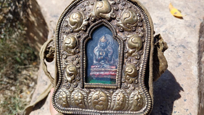 Antique AMITABHA BUDH Tibetan Ghau Shrine,Pocket Tibetan Buddhist Altar,VintagePortable Travel Tibetan Repousse,CopperSilver Ghau Prayer Box