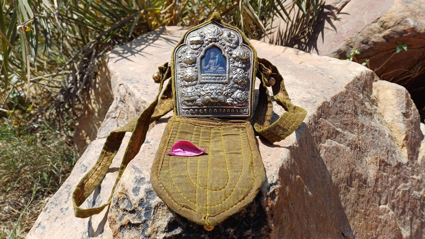 Antique AMITABHA BUDH Tibetan Ghau Shrine,Pocket Tibetan Buddhist Altar,VintagePortable Travel Tibetan Repousse,CopperSilver Ghau Prayer Box
