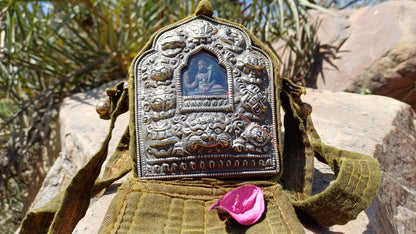 Antique AMITABHA BUDH Tibetan Ghau Shrine,Pocket Tibetan Buddhist Altar,VintagePortable Travel Tibetan Repousse,CopperSilver Ghau Prayer Box