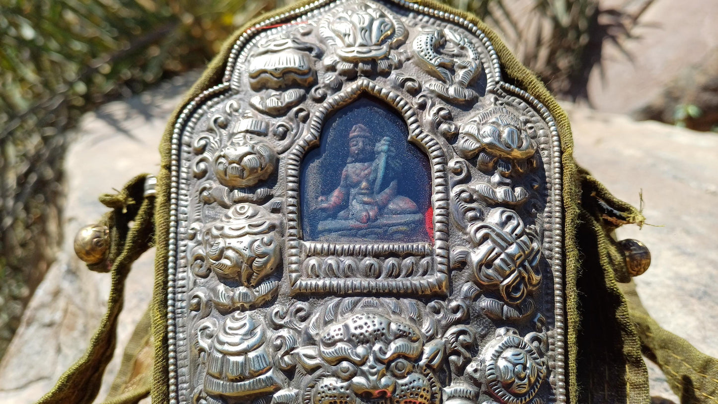 Antique AMITABHA BUDH Tibetan Ghau Shrine,Pocket Tibetan Buddhist Altar,VintagePortable Travel Tibetan Repousse,CopperSilver Ghau Prayer Box