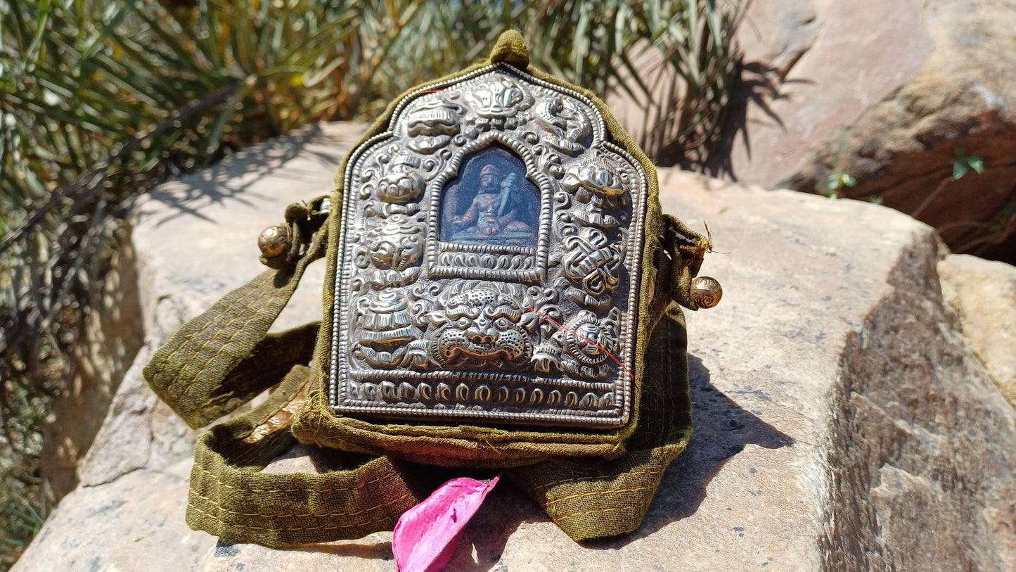 Antique AMITABHA BUDH Tibetan Ghau Shrine,Pocket Tibetan Buddhist Altar,VintagePortable Travel Tibetan Repousse,CopperSilver Ghau Prayer Box