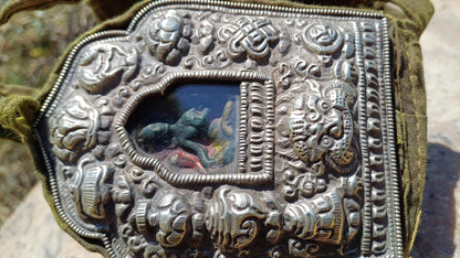 Antique PADMASAMBHAVA Tibetan Ghau Shrine,Pocket Tibetan Buddhist Altar,VintagePortable Travel Tibetan Repousse,CopperSilver Ghau Prayer Box