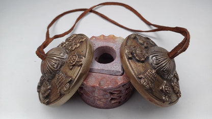 Vintage Rare Authentic 8 Auspicious Signs Carved Tibetan Tingsha Bell,Handmade Tibetan Buddhist Ritual Cymbal,Yoga Sound Healing Chimes/Tool