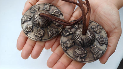 Vintage Rare Authentic 8 Auspicious Signs Carved Tibetan Tingsha Bell,Handmade Tibetan Buddhist Ritual Cymbal,Yoga Sound Healing Chimes/Tool