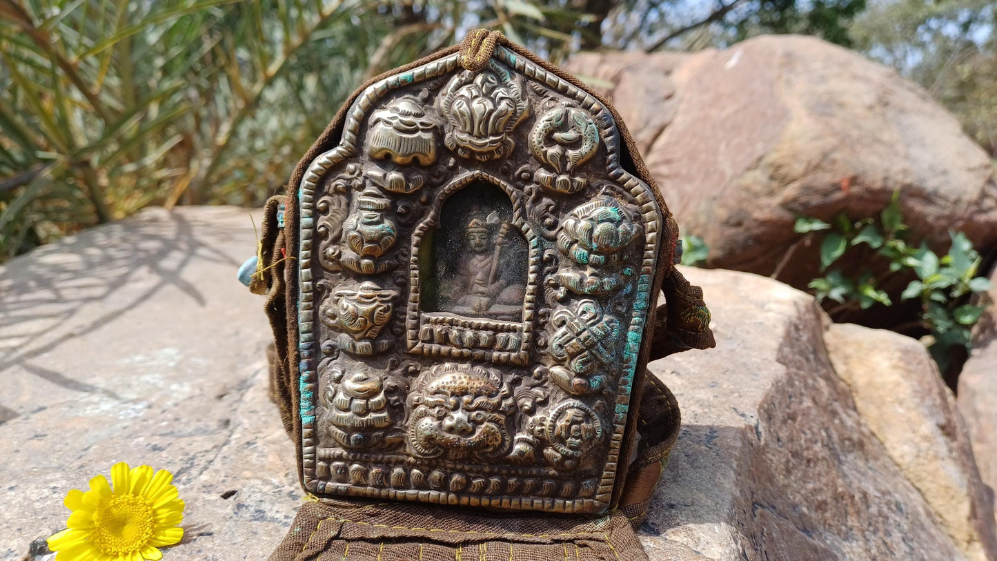 Antique PADMASAMBHAVA Tibetan Ghau Shrine,Pocket Tibetan Buddhist Altar,VintagePortable Travel Tibetan Repousse,CopperSilver Ghau Prayer Box