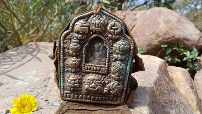 Antique PADMASAMBHAVA Tibetan Ghau Shrine,Pocket Tibetan Buddhist Altar,VintagePortable Travel Tibetan Repousse,CopperSilver Ghau Prayer Box