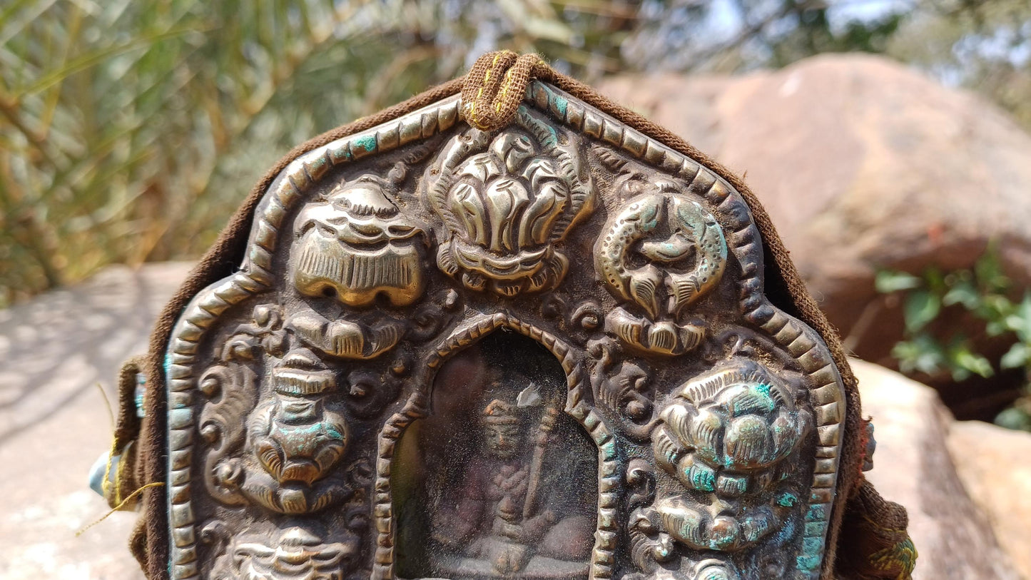 Antique PADMASAMBHAVA Tibetan Ghau Shrine,Pocket Tibetan Buddhist Altar,VintagePortable Travel Tibetan Repousse,CopperSilver Ghau Prayer Box