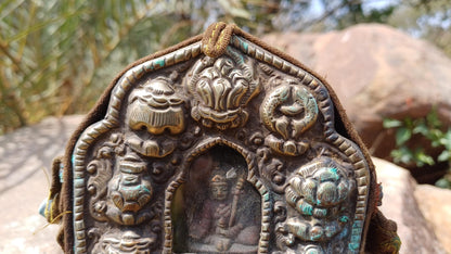 Antique PADMASAMBHAVA Tibetan Ghau Shrine,Pocket Tibetan Buddhist Altar,VintagePortable Travel Tibetan Repousse,CopperSilver Ghau Prayer Box