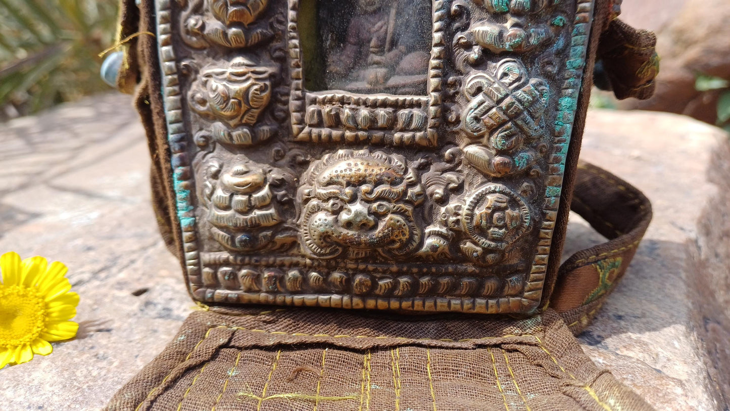 Antique PADMASAMBHAVA Tibetan Ghau Shrine,Pocket Tibetan Buddhist Altar,VintagePortable Travel Tibetan Repousse,CopperSilver Ghau Prayer Box