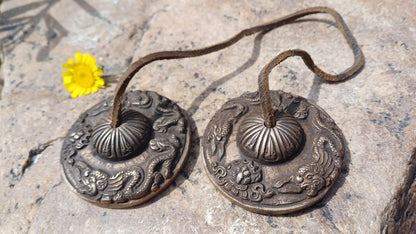 Vintage Rare Authentic Large Dragon Carved Tibetan Tingsha Bells,Handmade Tibetan Buddhist Ritual Cymbal,Yoga Meditation Sound Healing Tool
