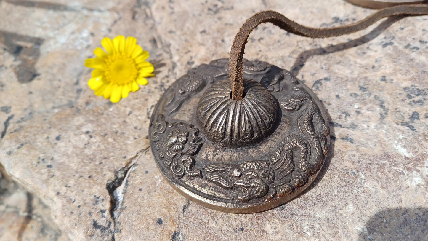 Vintage Rare Authentic Large Dragon Carved Tibetan Tingsha Bells,Handmade Tibetan Buddhist Ritual Cymbal,Yoga Meditation Sound Healing Tool