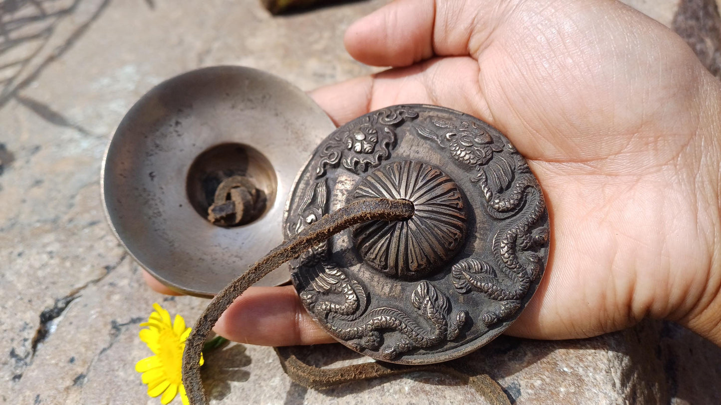Vintage Rare Authentic Large Dragon Carved Tibetan Tingsha Bells,Handmade Tibetan Buddhist Ritual Cymbal,Yoga Meditation Sound Healing Tool