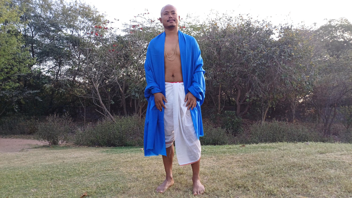 Handwoven Large Lightweight Blue Color Authentic Himalayan Cashmere Wool Meditation Shawl,Ethical Cashmere Prayer Yoga Wrap,Wedding Shawl