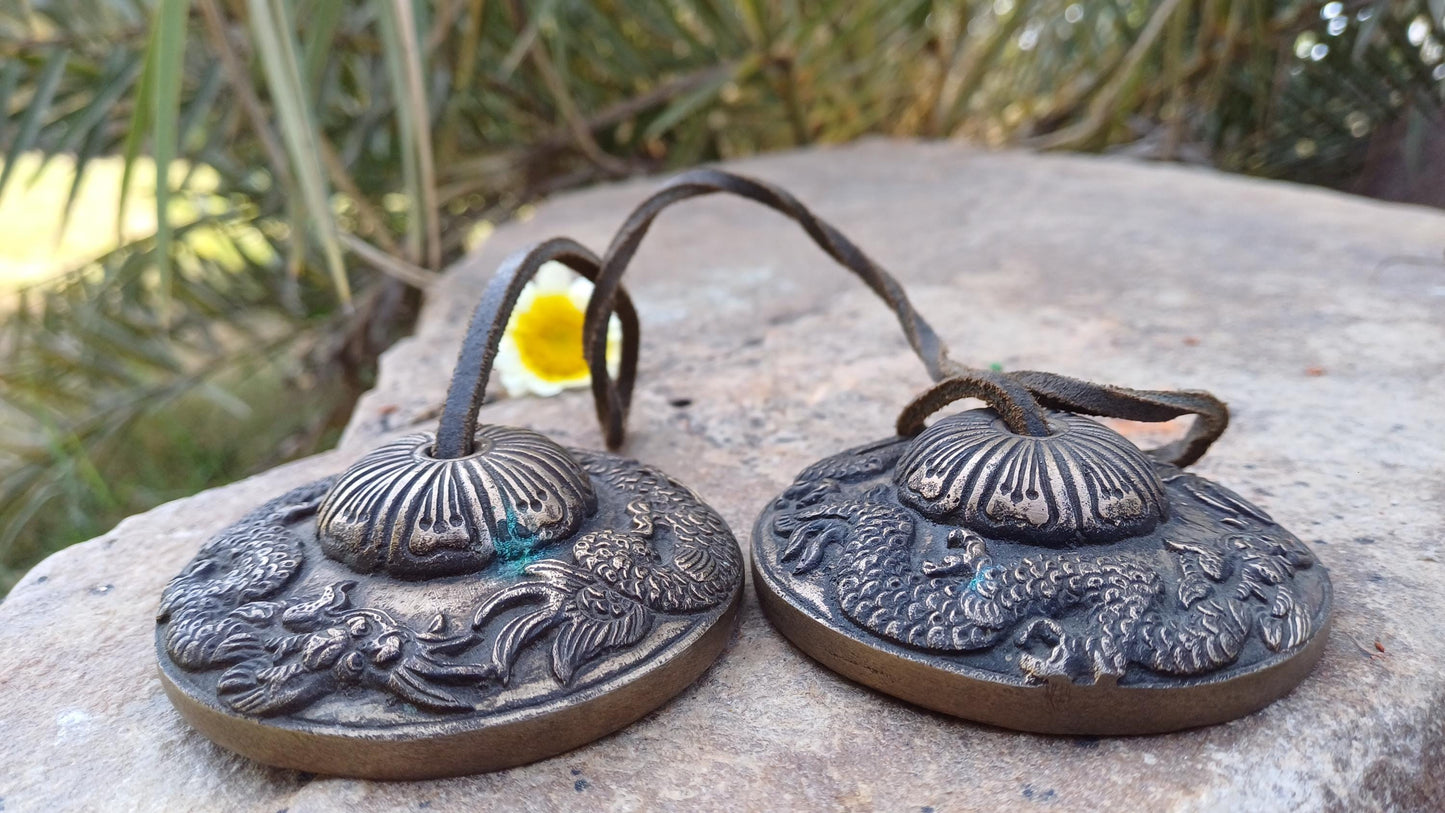 Vintage Rare Authentic Large Dragon Carved Tibetan Tingsha Bells,Handmade Tibetan Buddhist Ritual Cymbal,Yoga Meditation Sound Healing Tool