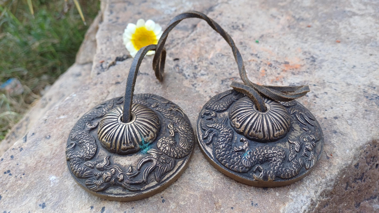 Vintage Rare Authentic Large Dragon Carved Tibetan Tingsha Bells,Handmade Tibetan Buddhist Ritual Cymbal,Yoga Meditation Sound Healing Tool