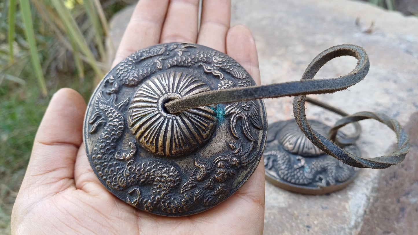 Vintage Rare Authentic Large Dragon Carved Tibetan Tingsha Bells,Handmade Tibetan Buddhist Ritual Cymbal,Yoga Meditation Sound Healing Tool