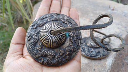 Vintage Rare Authentic Large Dragon Carved Tibetan Tingsha Bells,Handmade Tibetan Buddhist Ritual Cymbal,Yoga Meditation Sound Healing Tool