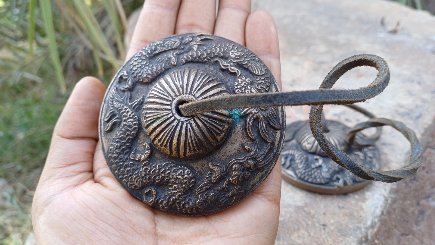 Vintage Rare Authentic Large Dragon Carved Tibetan Tingsha Bells,Handmade Tibetan Buddhist Ritual Cymbal,Yoga Meditation Sound Healing Tool