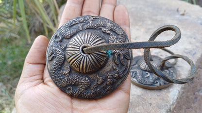 Vintage Rare Authentic Large Dragon Carved Tibetan Tingsha Bells,Handmade Tibetan Buddhist Ritual Cymbal,Yoga Meditation Sound Healing Tool