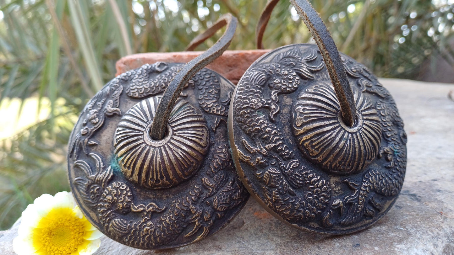 Vintage Rare Authentic Large Dragon Carved Tibetan Tingsha Bells,Handmade Tibetan Buddhist Ritual Cymbal,Yoga Meditation Sound Healing Tool