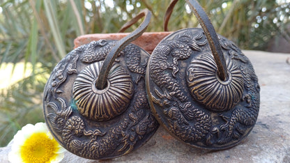 Vintage Rare Authentic Large Dragon Carved Tibetan Tingsha Bells,Handmade Tibetan Buddhist Ritual Cymbal,Yoga Meditation Sound Healing Tool