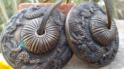 Vintage Rare Authentic Large Dragon Carved Tibetan Tingsha Bells,Handmade Tibetan Buddhist Ritual Cymbal,Yoga Meditation Sound Healing Tool