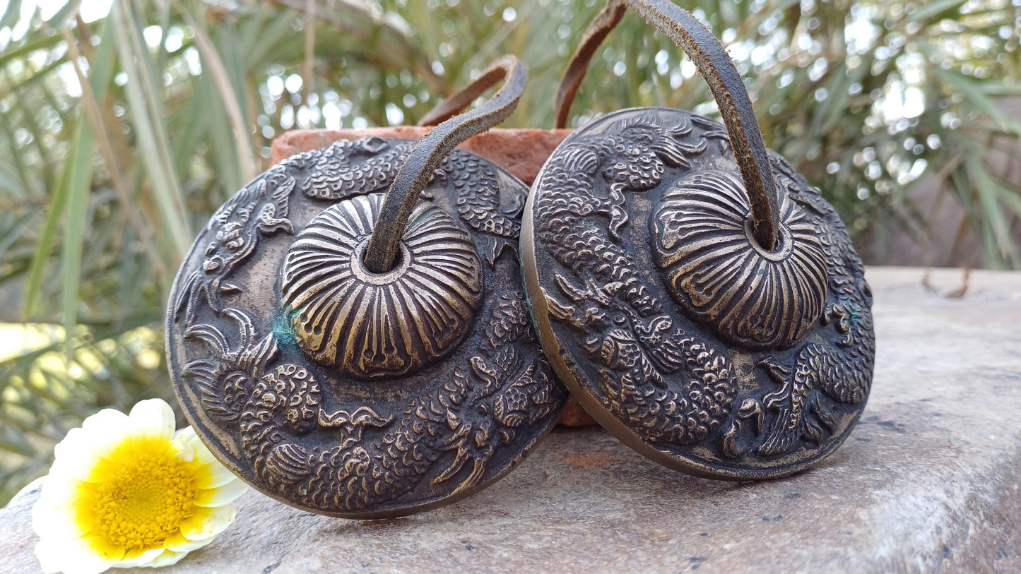 Vintage Rare Authentic Large Dragon Carved Tibetan Tingsha Bells,Handmade Tibetan Buddhist Ritual Cymbal,Yoga Meditation Sound Healing Tool