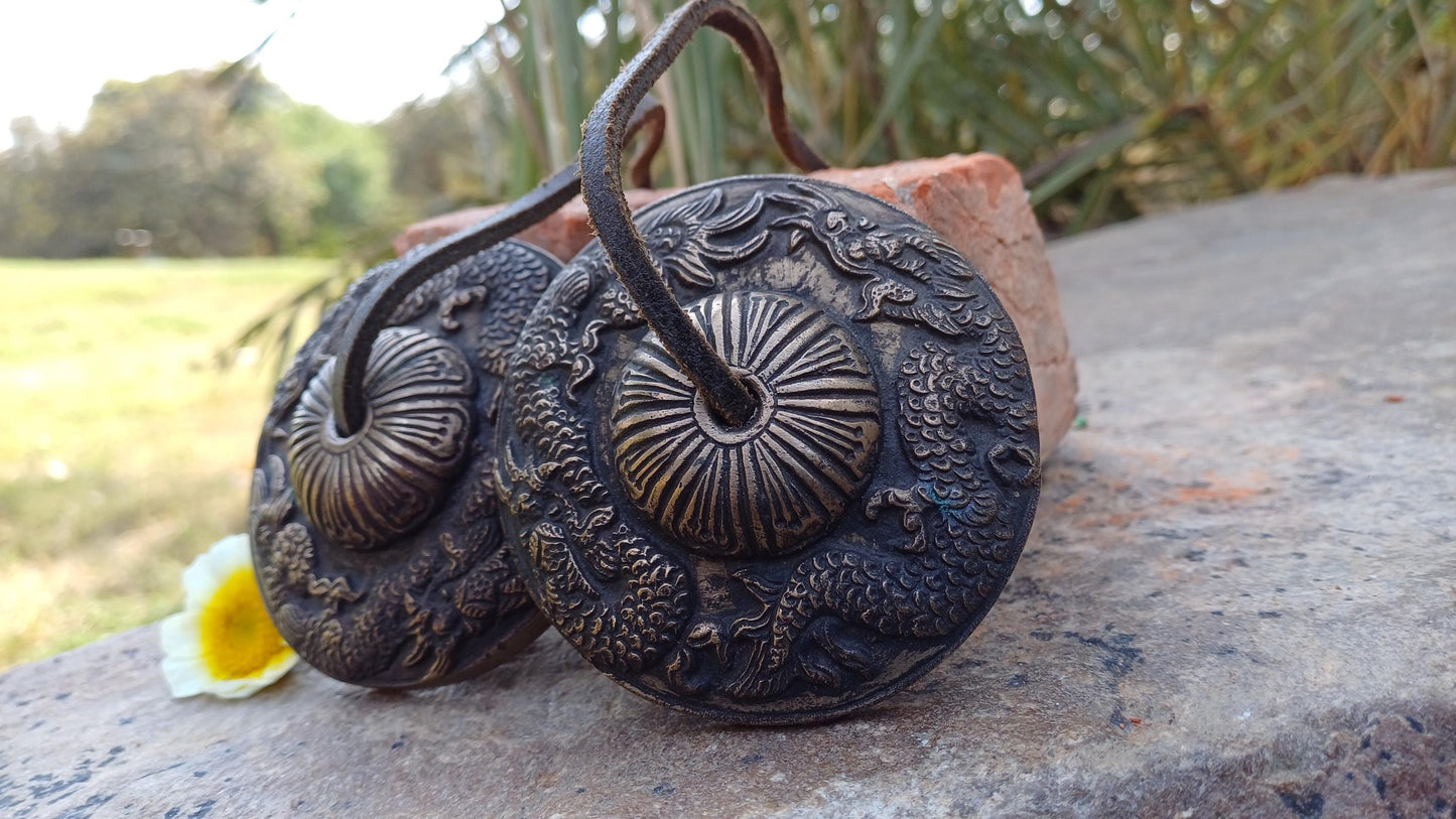 Vintage Rare Authentic Large Dragon Carved Tibetan Tingsha Bells,Handmade Tibetan Buddhist Ritual Cymbal,Yoga Meditation Sound Healing Tool