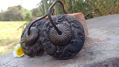 Vintage Rare Authentic Large Dragon Carved Tibetan Tingsha Bells,Handmade Tibetan Buddhist Ritual Cymbal,Yoga Meditation Sound Healing Tool