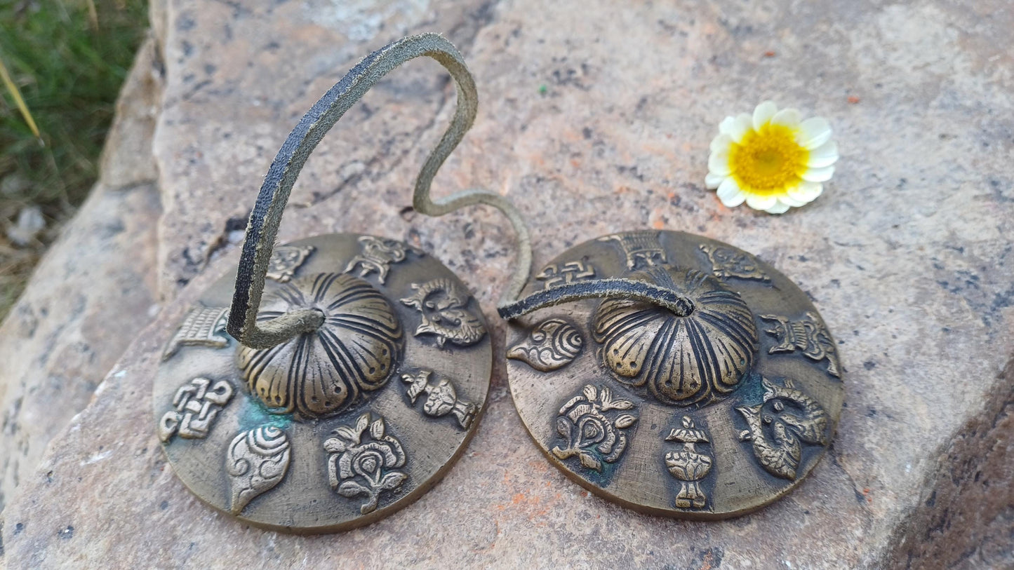 Vintage Rare Authentic 8 Auspicious Signs Carved Tibetan Tingsha Bell,Handmade Tibetan Buddhist Ritual Cymbal,Yoga Sound Healing Chimes/Tool
