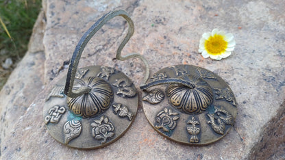 Vintage Rare Authentic 8 Auspicious Signs Carved Tibetan Tingsha Bell,Handmade Tibetan Buddhist Ritual Cymbal,Yoga Sound Healing Chimes/Tool