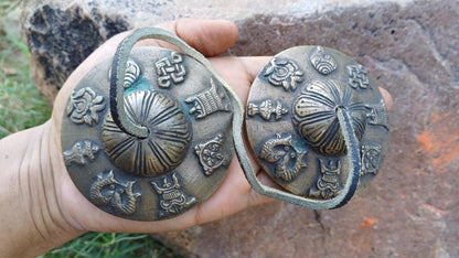 Vintage Rare Authentic 8 Auspicious Signs Carved Tibetan Tingsha Bell,Handmade Tibetan Buddhist Ritual Cymbal,Yoga Sound Healing Chimes/Tool