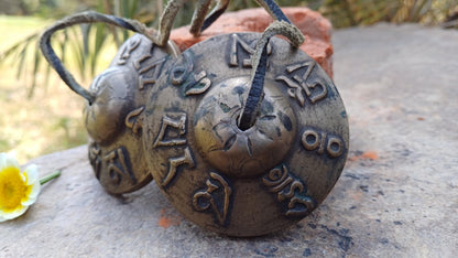 Vintage Rare Authentic Tibetan Mantra Om Mani Carved Tibetan Tingsha Bells,Handmade Tibetan Buddhist Ritual Cymbal,Yoga Sound Healing Tool