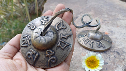 Vintage Rare Authentic Tibetan Mantra Om Mani Carved Tibetan Tingsha Bells,Handmade Tibetan Buddhist Ritual Cymbal,Yoga Sound Healing Tool
