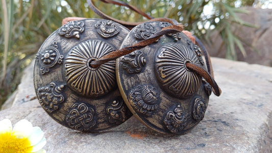 Vintage Rare Authentic Large 8 Auspicious Signs Carved Tibetan Tingsha Bells,Handmade Tibetan Buddhist Ritual Cymbal,Yoga Sound Healing Tool
