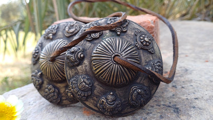 Vintage Rare Authentic Large 8 Auspicious Signs Carved Tibetan Tingsha Bells,Handmade Tibetan Buddhist Ritual Cymbal,Yoga Sound Healing Tool