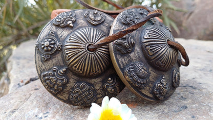 Vintage Rare Authentic Large 8 Auspicious Signs Carved Tibetan Tingsha Bells,Handmade Tibetan Buddhist Ritual Cymbal,Yoga Sound Healing Tool