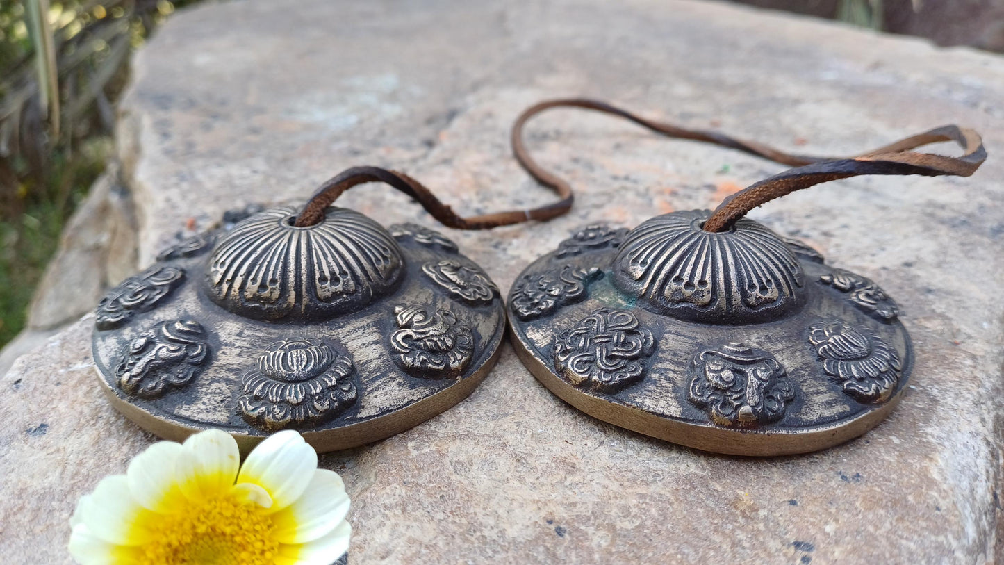 Vintage Rare Authentic Large 8 Auspicious Signs Carved Tibetan Tingsha Bells,Handmade Tibetan Buddhist Ritual Cymbal,Yoga Sound Healing Tool