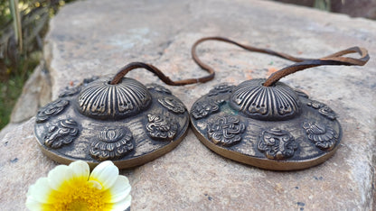 Vintage Rare Authentic Large 8 Auspicious Signs Carved Tibetan Tingsha Bells,Handmade Tibetan Buddhist Ritual Cymbal,Yoga Sound Healing Tool
