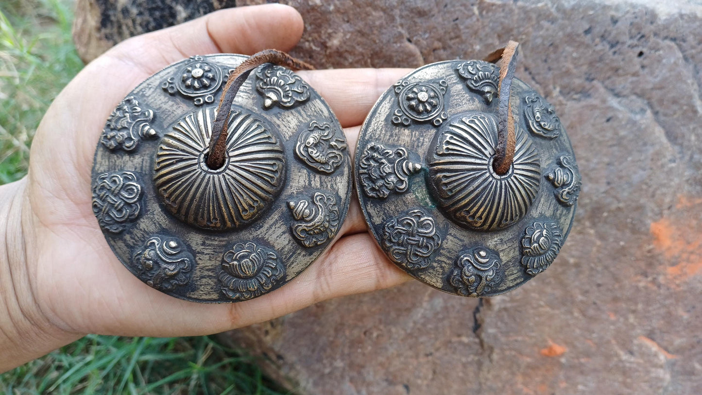 Vintage Rare Authentic Large 8 Auspicious Signs Carved Tibetan Tingsha Bells,Handmade Tibetan Buddhist Ritual Cymbal,Yoga Sound Healing Tool