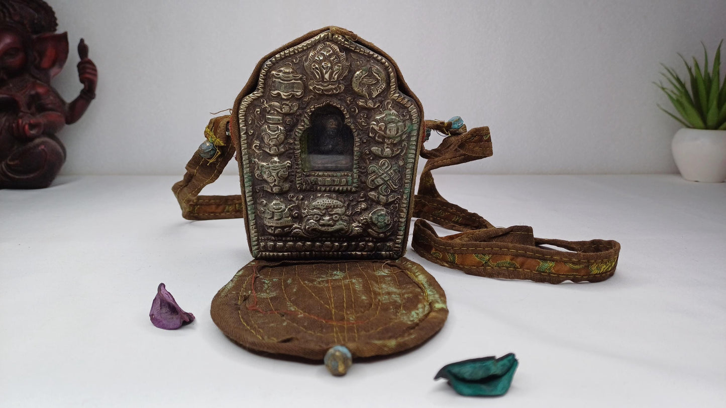 Antique AMITABHA BUDH Tibetan Ghau Shrine,Pocket Tibetan Buddhist Altar,VintagePortable Travel Tibetan Repousse,CopperSilver Ghau Prayer Box
