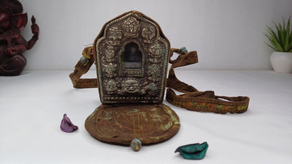 Antique AMITABHA BUDH Tibetan Ghau Shrine,Pocket Tibetan Buddhist Altar,VintagePortable Travel Tibetan Repousse,CopperSilver Ghau Prayer Box