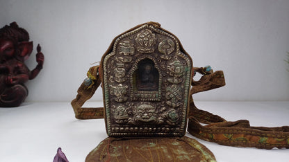 Antique AMITABHA BUDH Tibetan Ghau Shrine,Pocket Tibetan Buddhist Altar,VintagePortable Travel Tibetan Repousse,CopperSilver Ghau Prayer Box