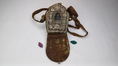 Antique AMITABHA BUDH Tibetan Ghau Shrine,Pocket Tibetan Buddhist Altar,VintagePortable Travel Tibetan Repousse,CopperSilver Ghau Prayer Box
